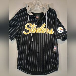 NFL Pittsburgh Steelers Hooded Baseball Jersey Black Pinstripe Men’s Large NWT